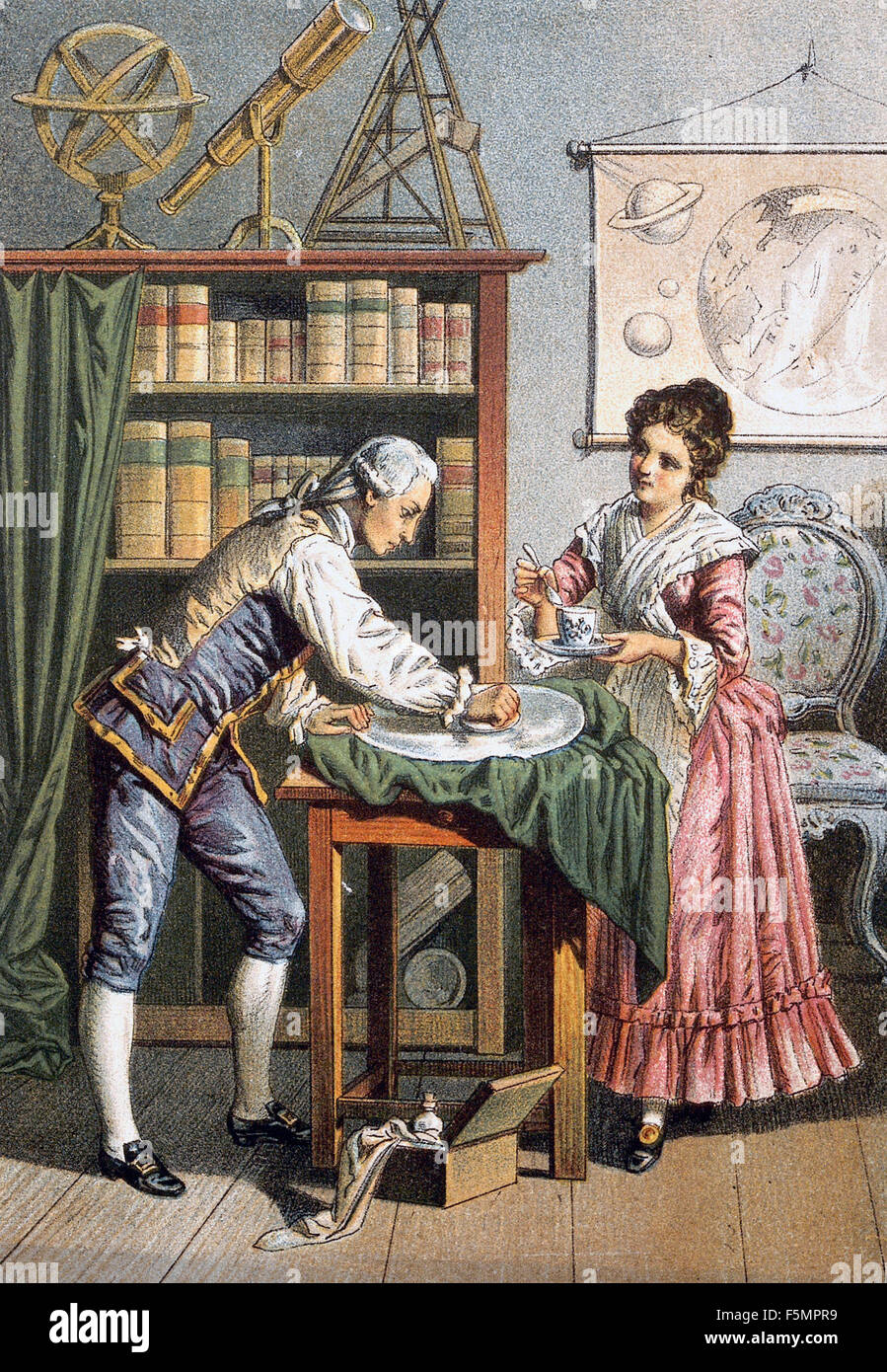 WILLIAM HERSCHEL (1738-1822) Deutsch-Astonomer mit seiner Tochter Caroline an ihre Slough, Berkshire, einen Spiegel für einen der ihren Teleskopen Polieren. Lithographie veröffentlicht von deutschen Illustrator Alfred Diethe etwa 1895 Stockfoto