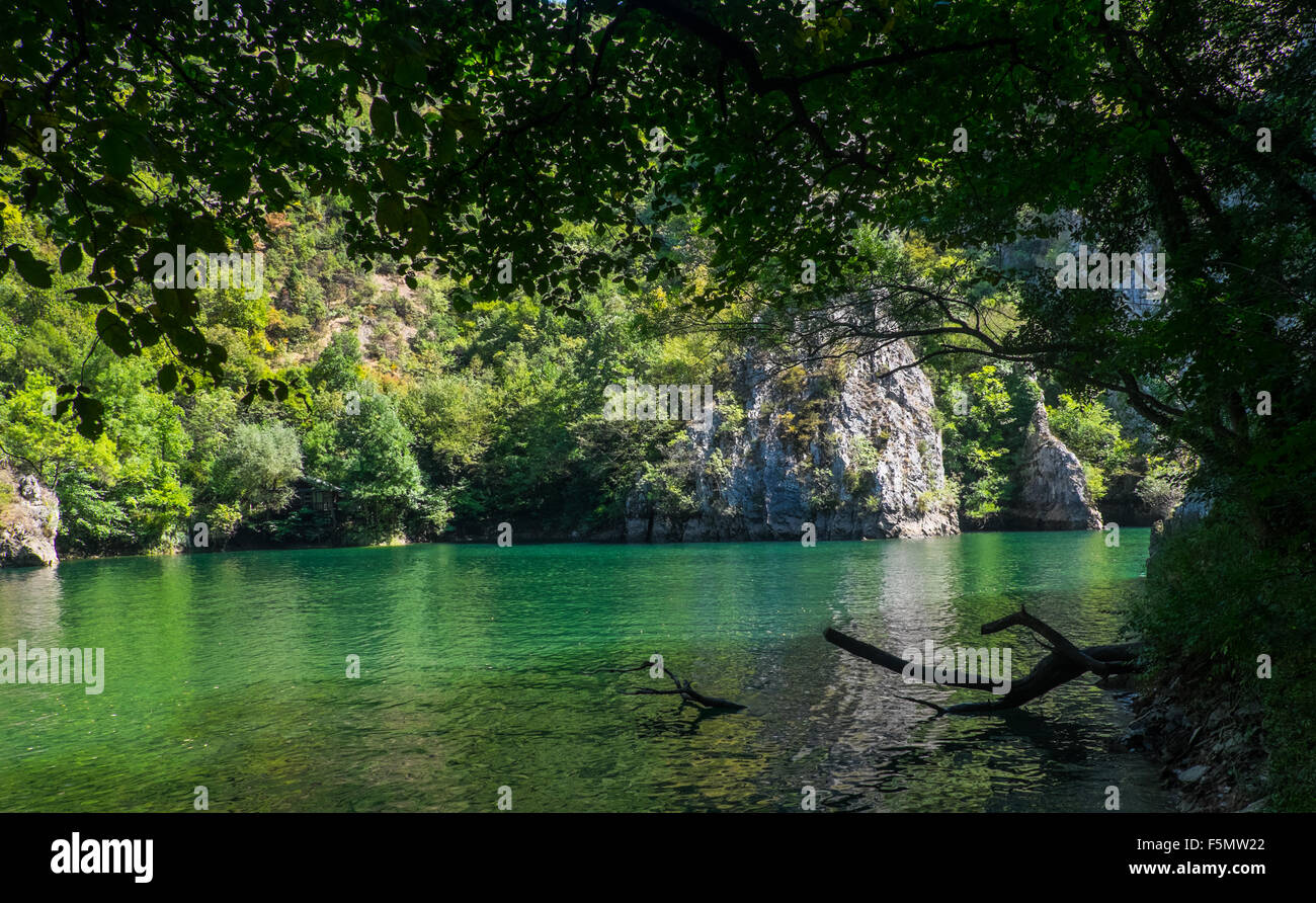 Matka Canyon, Mazedonien | Smaragdwasser überhängende Bäume Stockfoto