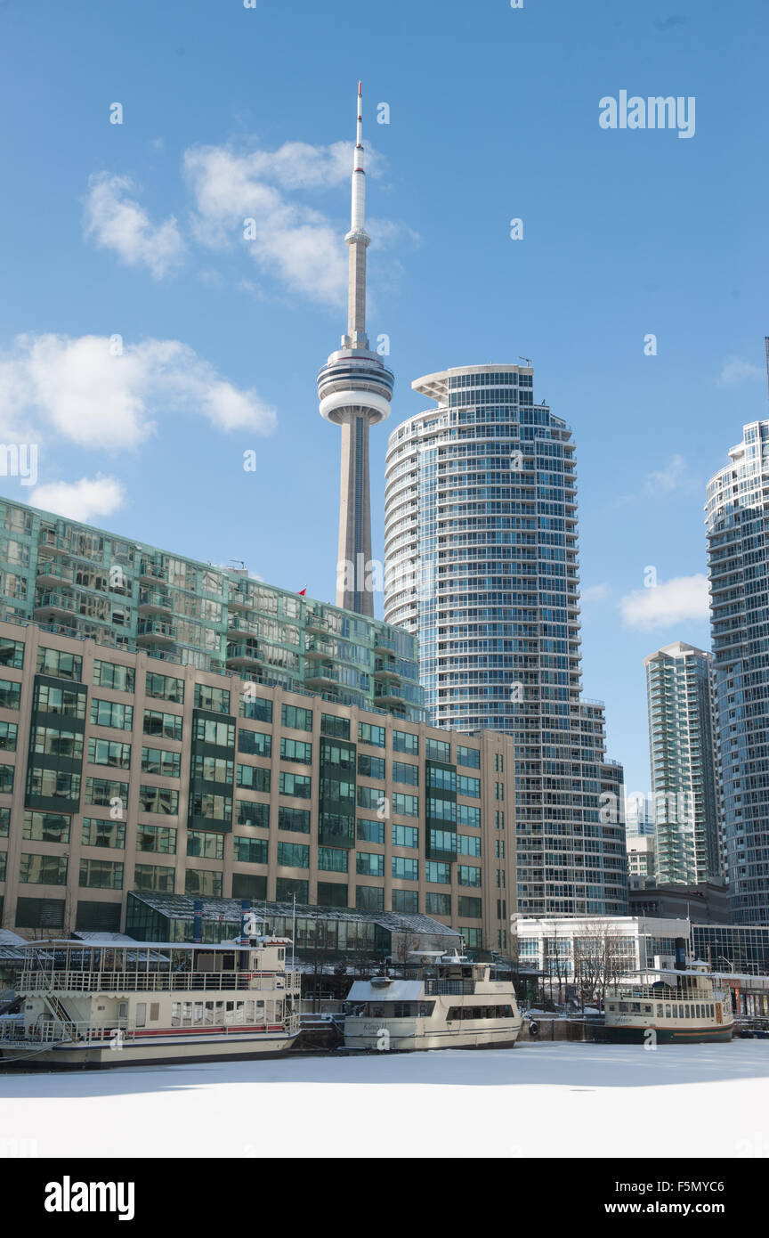 Blick auf den CN Tower und der Innenstadt von Toronto, Harbourside, Toronto, Ontario, Kanada Stockfoto