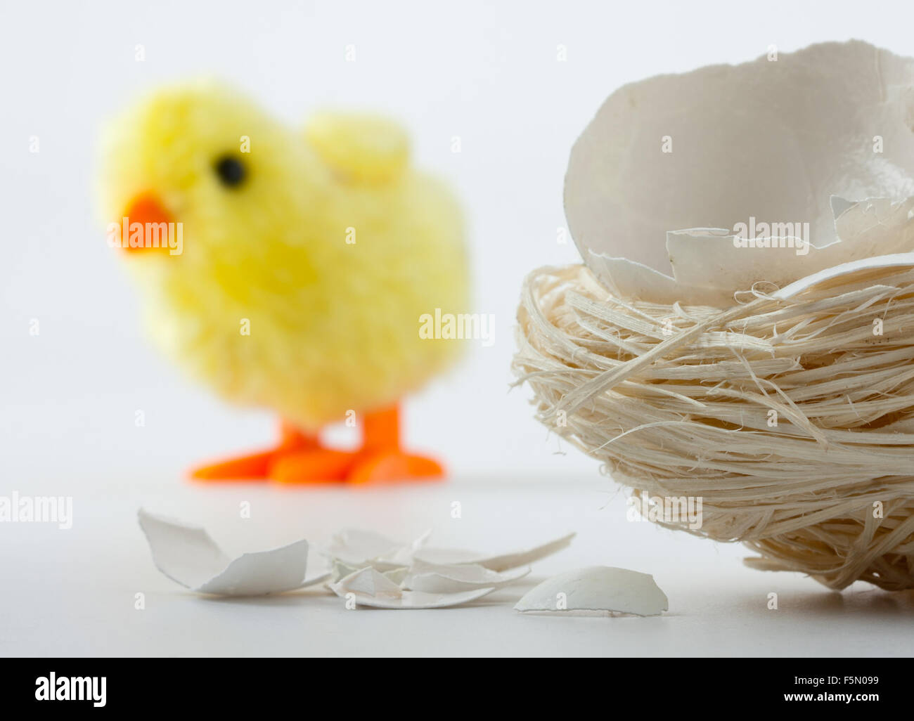 Nest mit Eierschale Risse und Neugeborenen Spielzeug Huhn hinter Stockfoto