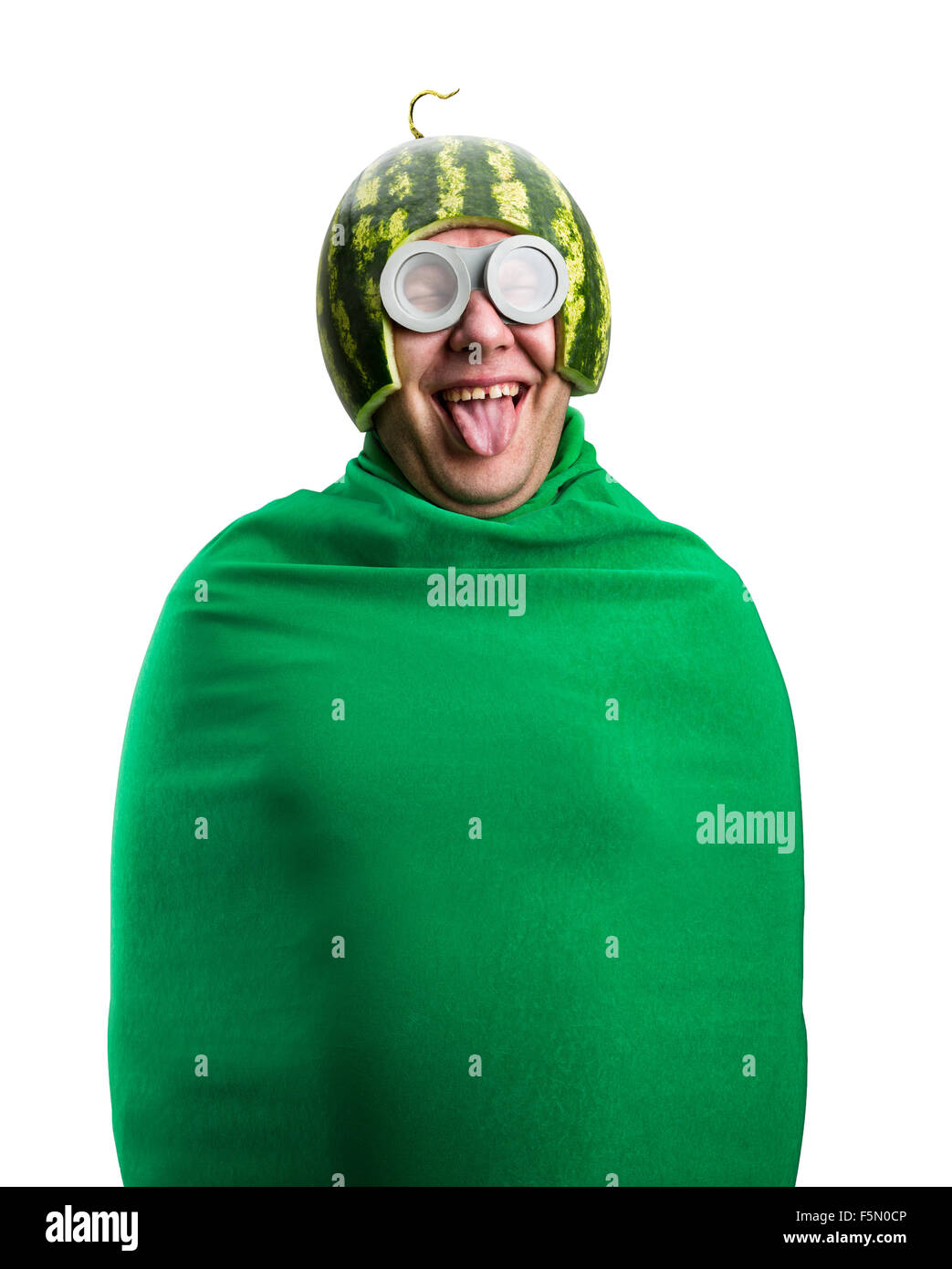 Lustiger Mensch mit Wassermelone Helm und Brillen sieht aus wie eine parasitäre Raupe. Isoliert auf weiss Stockfoto