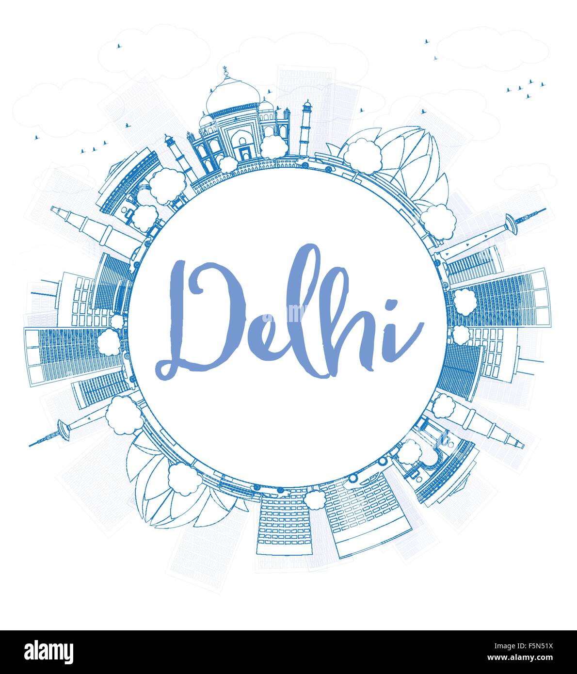 Umriss-Delhi Skyline mit blauen Wahrzeichen und Textfreiraum. Business-Reisen und Tourismus-Konzept mit Platz für Text. Stock Vektor