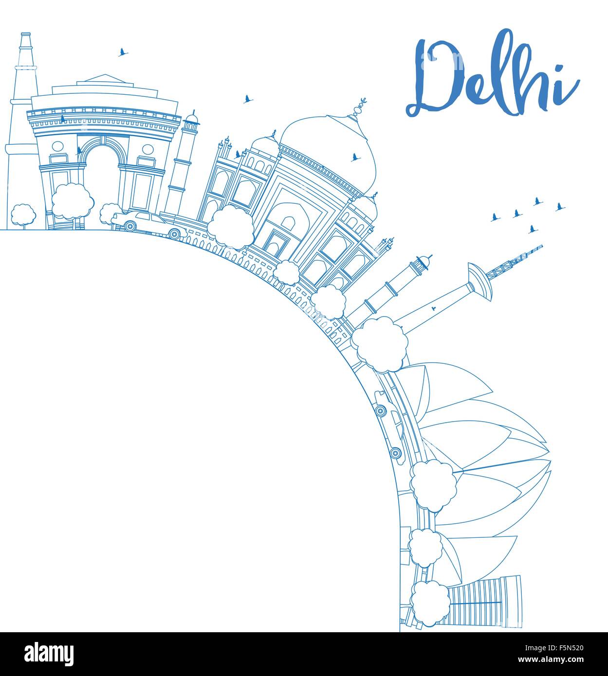 Umriss-Delhi Skyline mit blauen Wahrzeichen und Textfreiraum. Business-Reisen und Tourismus-Konzept mit Platz für Text. Stock Vektor