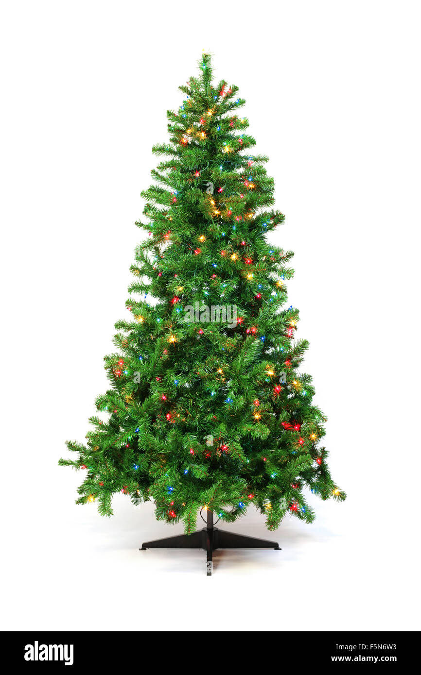 Weihnachtsbaum mit bunten Lichtern, isoliert auf weiss Stockfoto