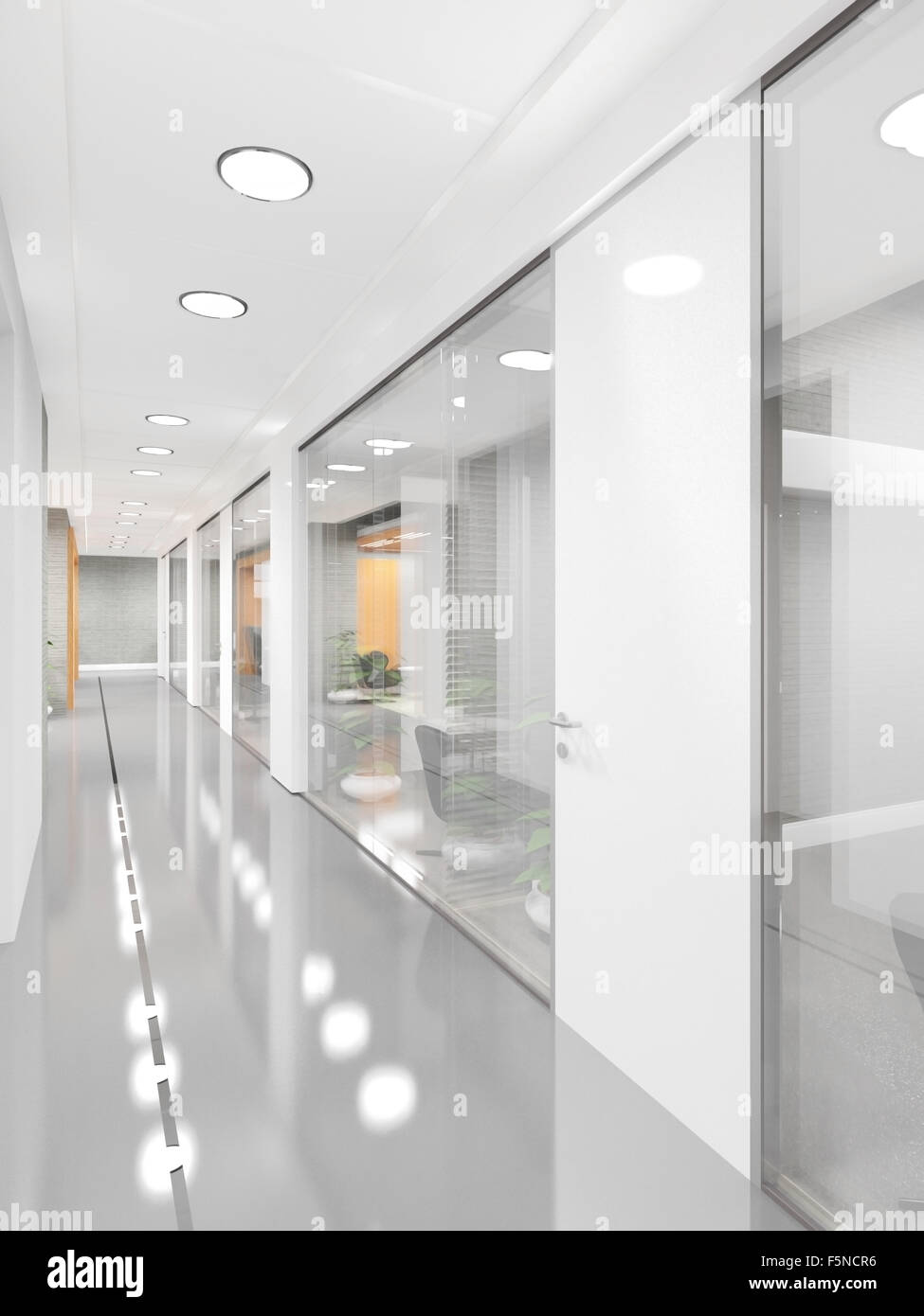 Korridor der modernen Bürogebäude 3D-Visualisierung Stockfoto