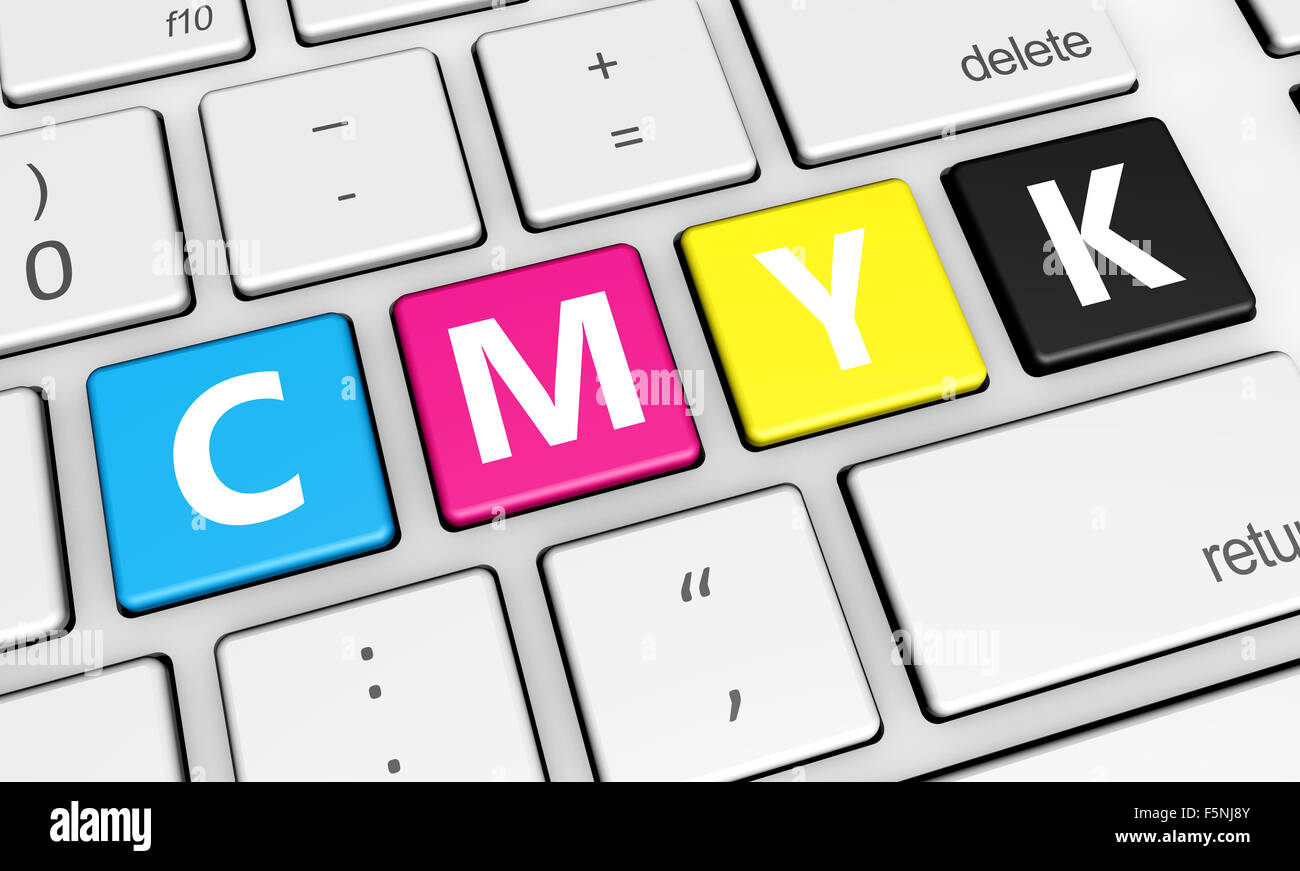 CMYK-Offset-Digitaldruck und Grafik-Design-Konzept mit Farben und Buchstaben auf einem Laptop Tastatur 3D-Illustration. Stockfoto