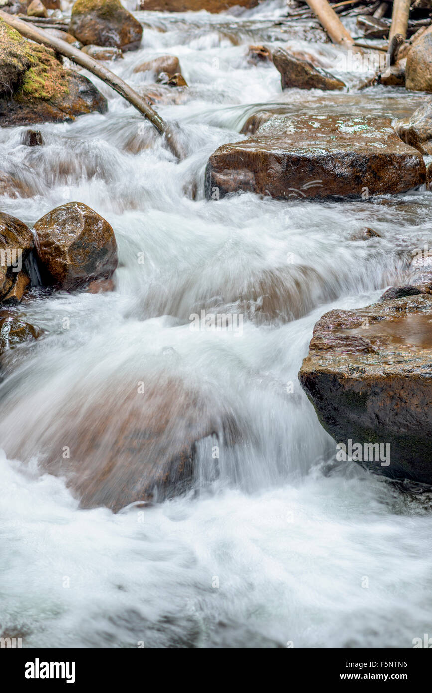 Weiße Wasser fließt über Felsen in einem kleinen Bach Stockfoto
