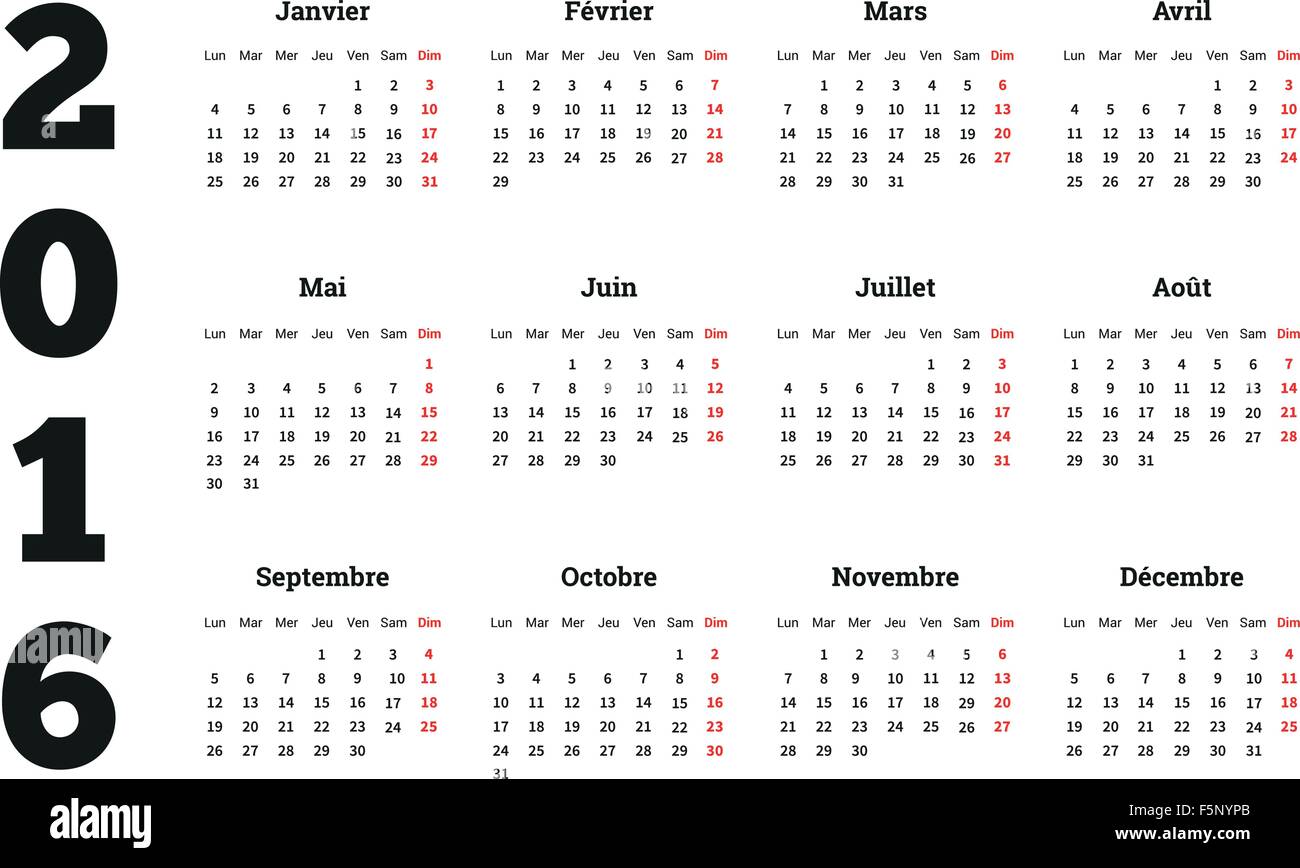 Kalender 2016 Jahr auf Französisch, Blattgröße A4 Stock Vektor