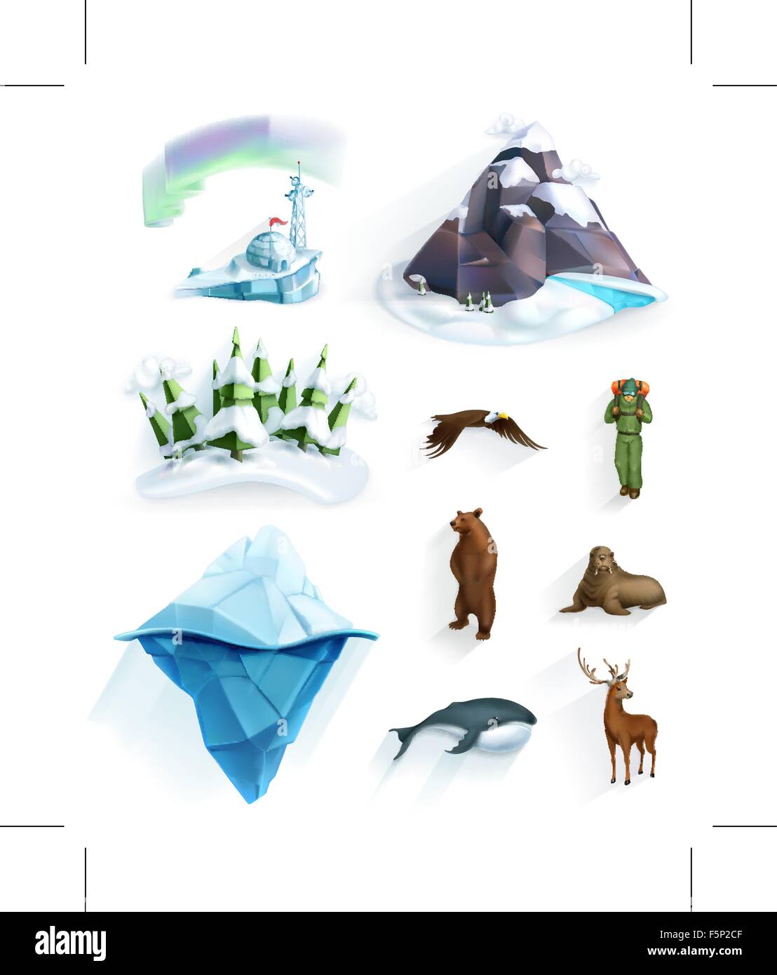 Polaren Natur, Winter Wonderland, low-Poly-Stil-Icon-set Stock Vektor