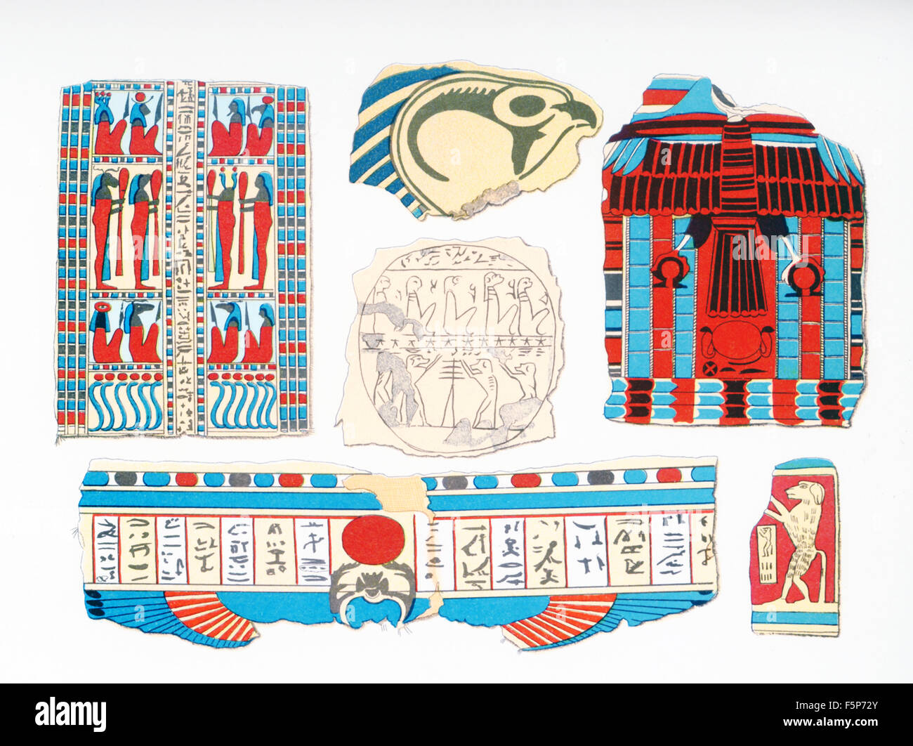 Die illustrierte Fragmente, die hier zu sehen sind dekorierte Verpackungen, die mit einer Mumie in einem Grab in Theben in Ägypten gefunden wurden. Stockfoto