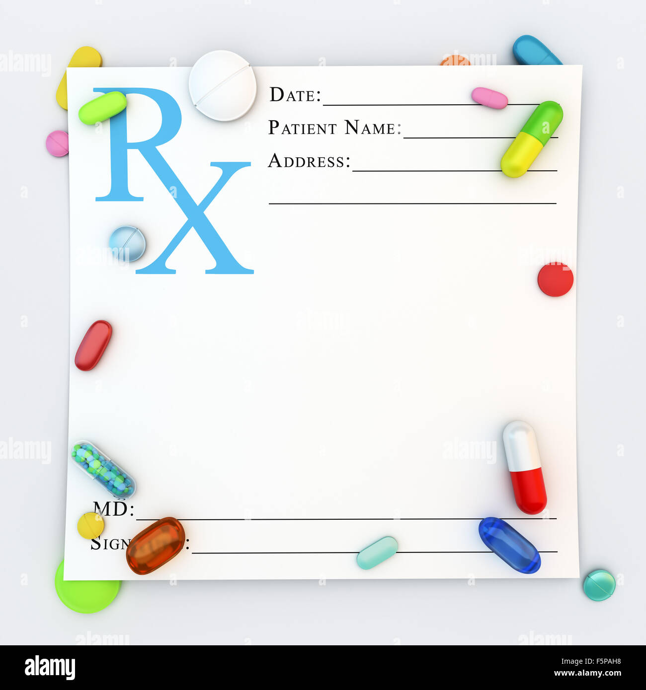 Vielzahl von bunten verschreibungspflichtige Medikamente auf leeren Seite Stockfoto