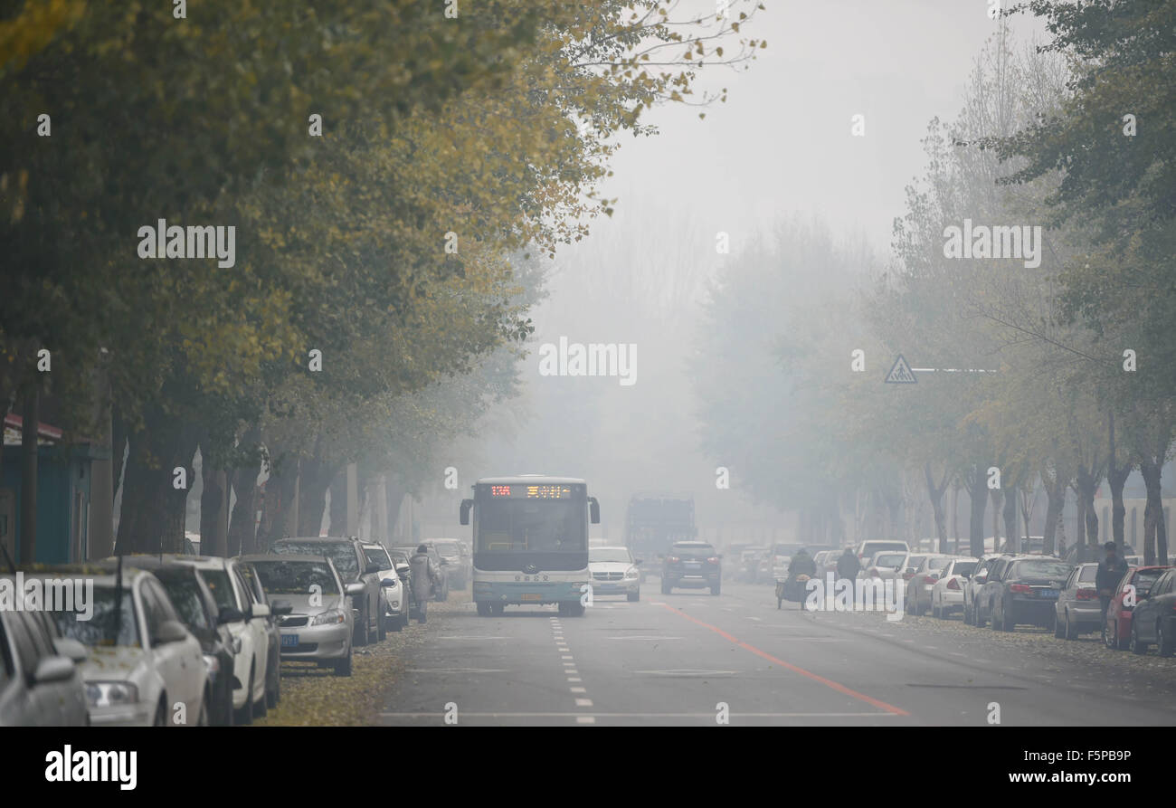 Shenyang. 8. November 2015. Foto aufgenommen am 8. November 2015 zeigt eine Smog gehüllten Straße in Shenyang, Liaoning Provinz Nordost-China. Die Stadt berichtet, dass schwere Luftverschmutzung am Sonntag bei der Lektüre der PM2, 5 bei 07:00 864 wurde. Bildnachweis: Yao Jianfeng/Xinhua/Alamy Live-Nachrichten Stockfoto