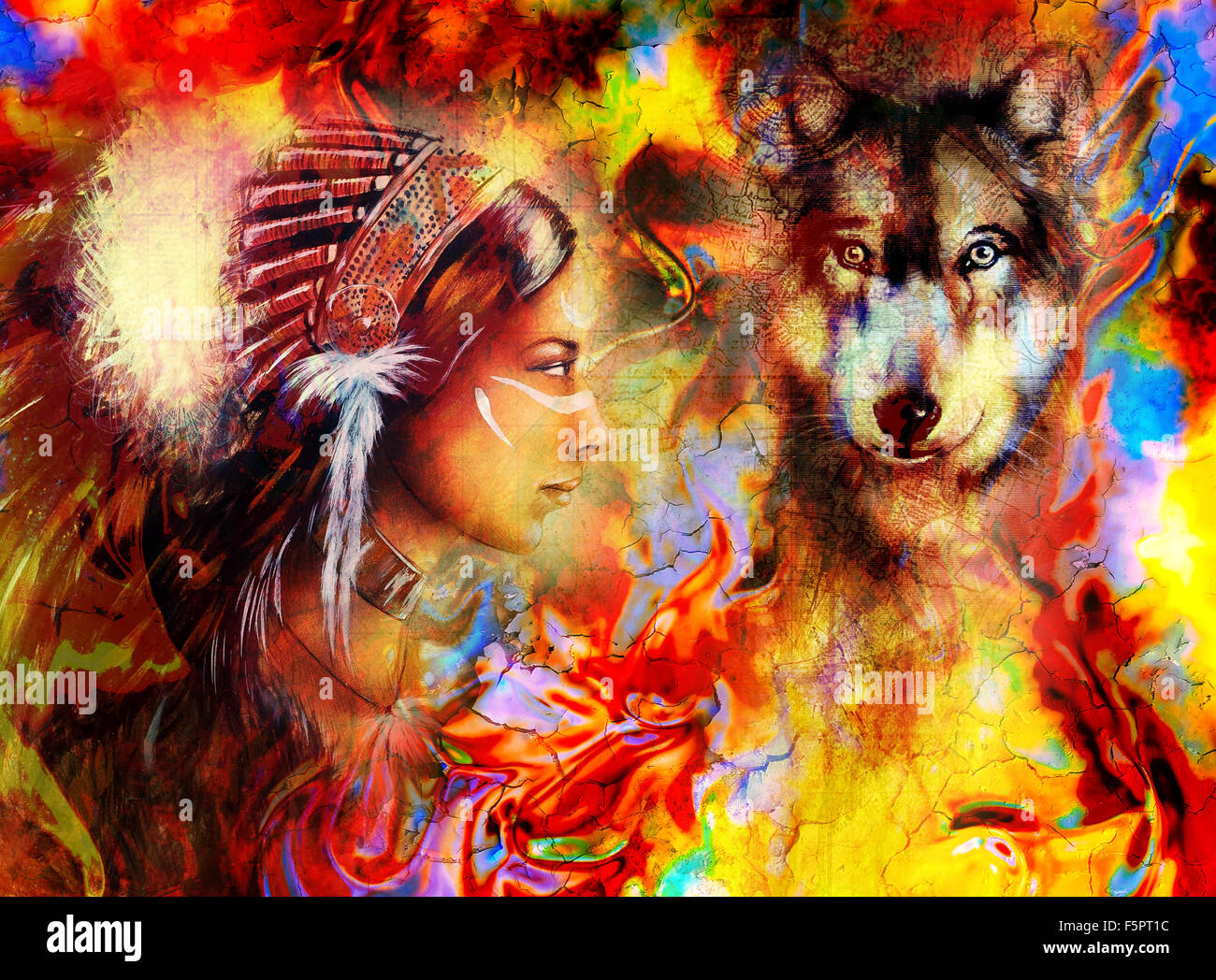 junge indische Frau mit Wolf und Feder Kopfschmuck und abstrakt farbigen Hintergrund trägt Stockfoto