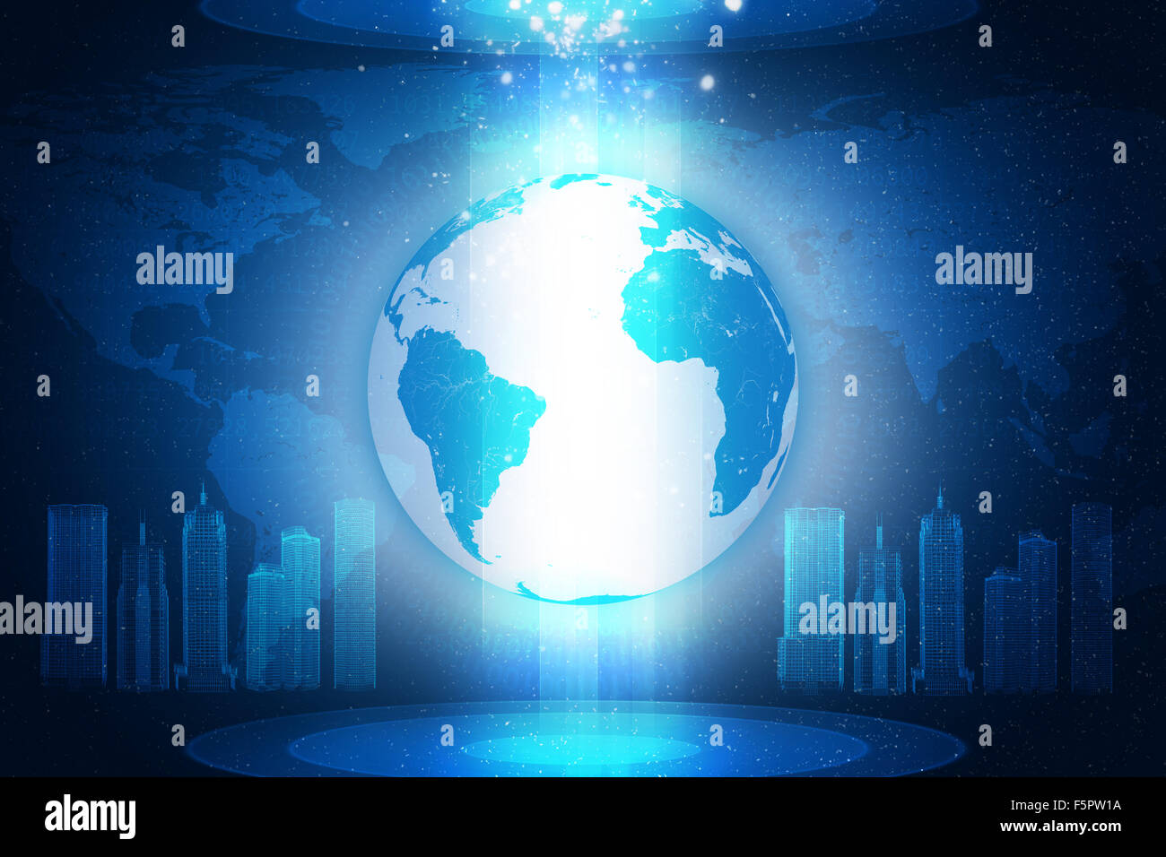Erde auf abstrakte blauer Hintergrund mit 3d Stadt Stockfoto
