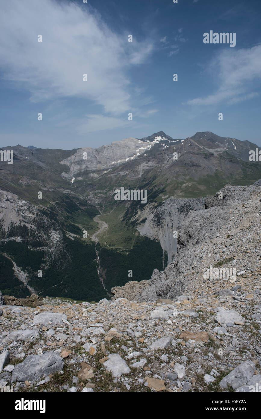 Ansicht von Valle de Pineta, Ordesa y Monte Perdido Nationalpark, Pyrenäen, Spanien. Stockfoto