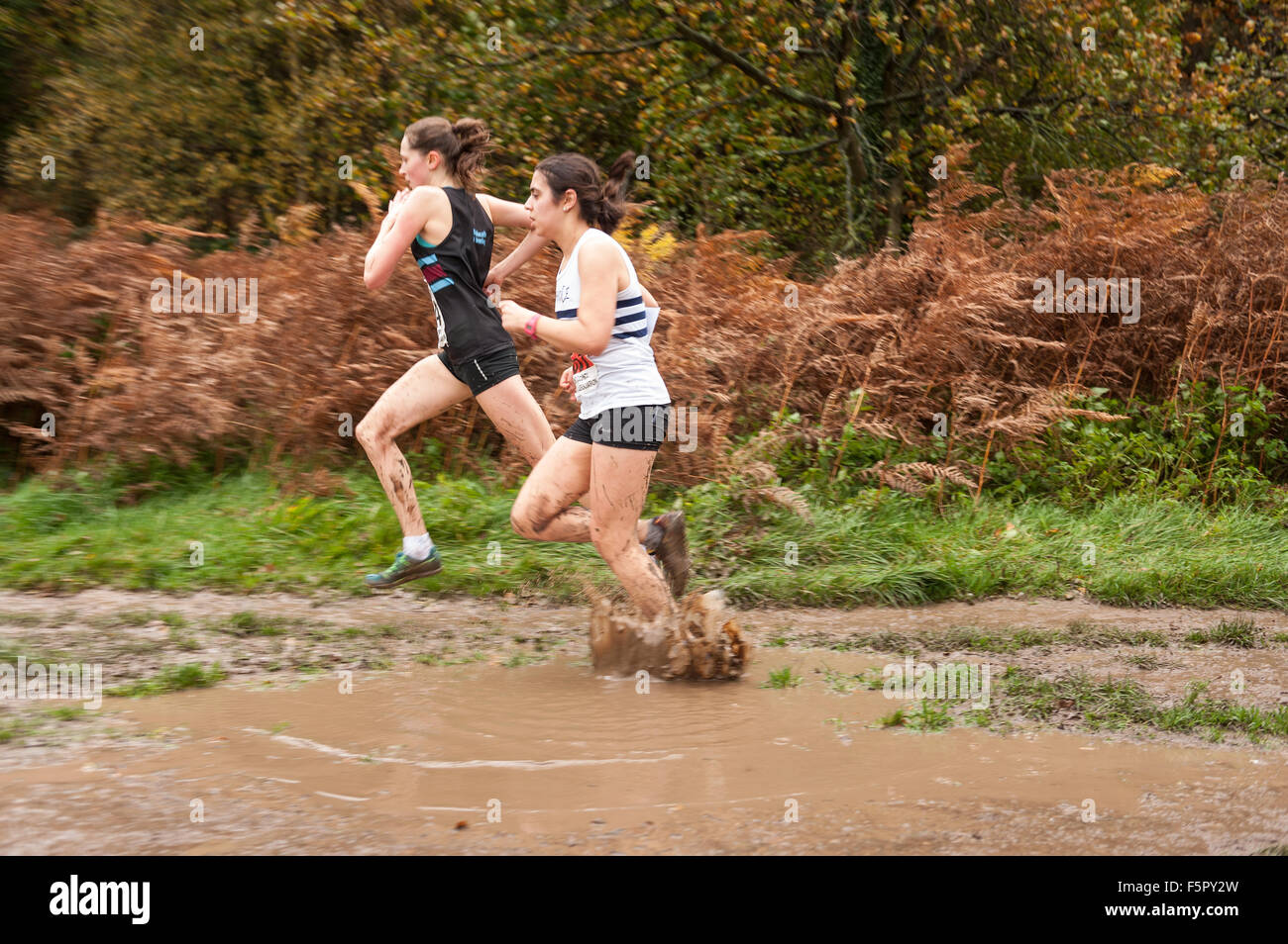 blonde junge Dame Läufer beschichtet in Regen und Schlamm mit Blick auf Elemente im cross Country Rennen mit Rauschsperre Wiese unter den Füßen Stockfoto