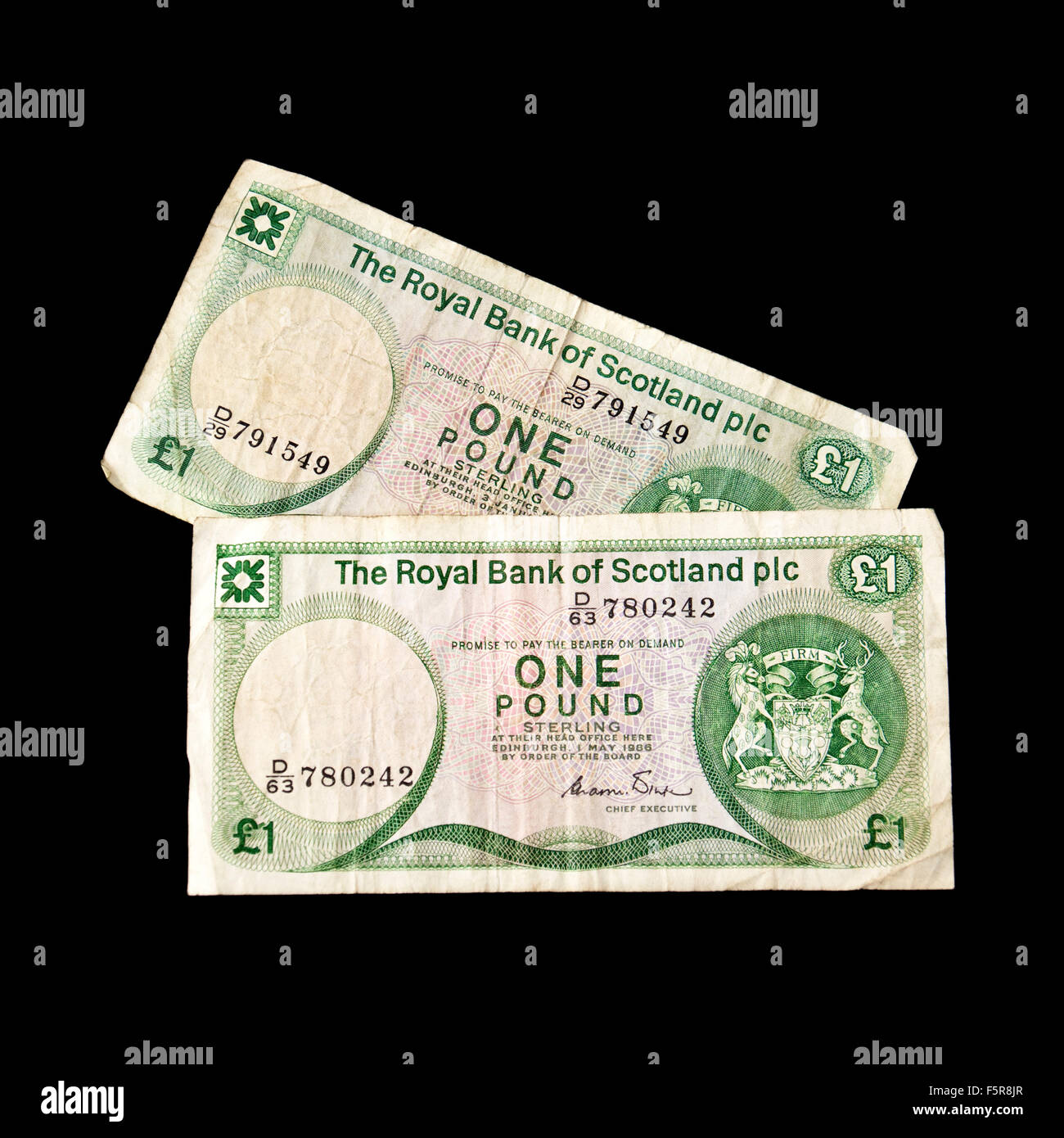 Paar 80er Jahre Royal Bank of Scotland ein Pfund-Banknoten Stockfoto