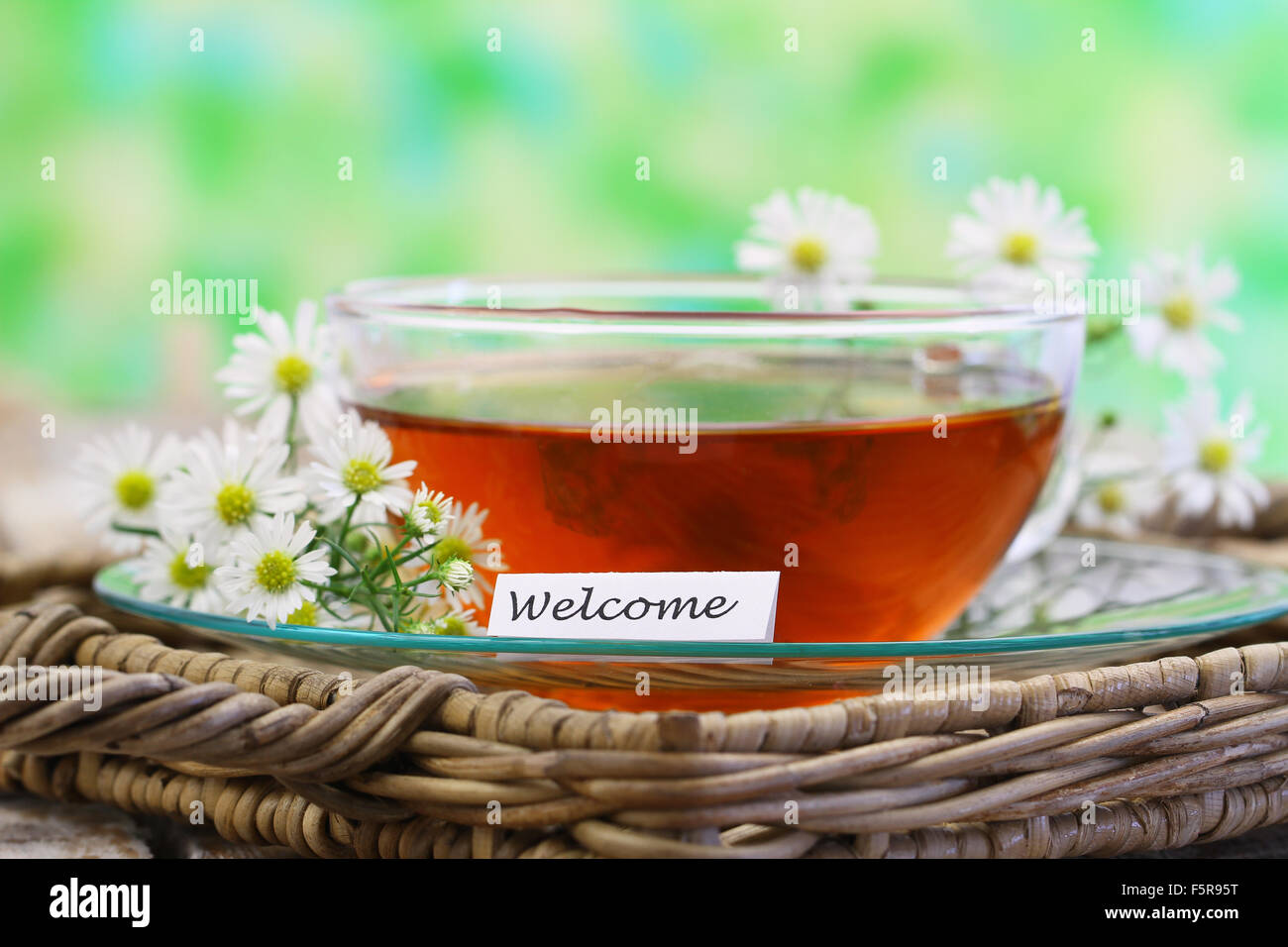 WelcomeCard mit Tasse Kamillentee Stockfoto