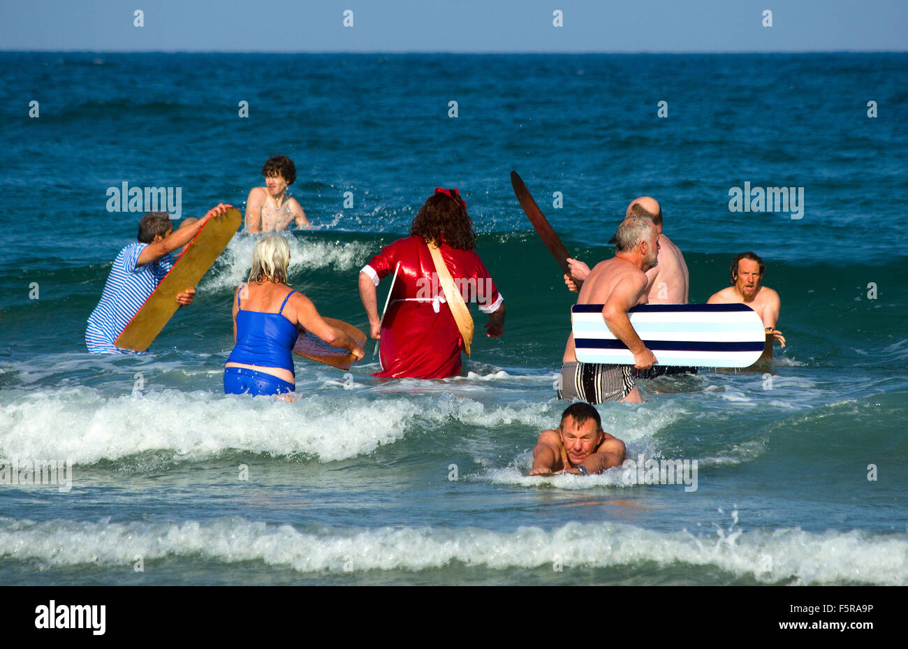 Teilnehmer die Welt Bauch Boarding Meisterschaften, Kapelle Porth, Cornwall, UK Stockfoto