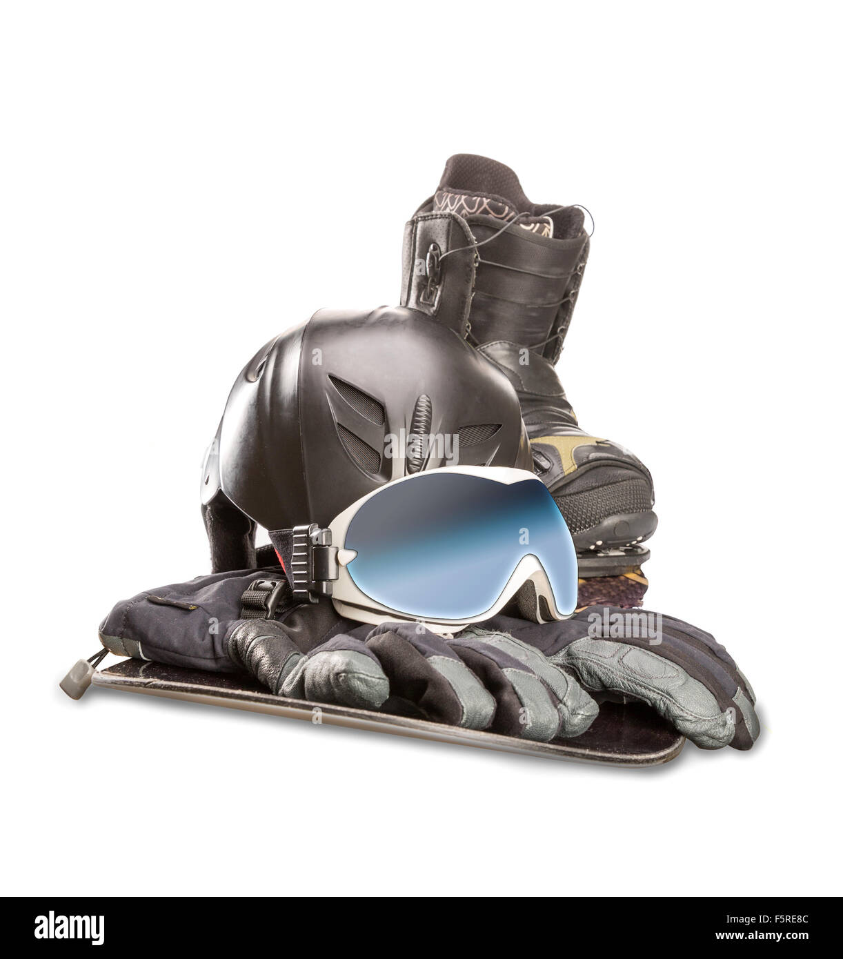 Winter Sportbrille, Snowboarden, Stiefel, Helm und Handschuhe isoliert auf weißem Hintergrund Stockfoto