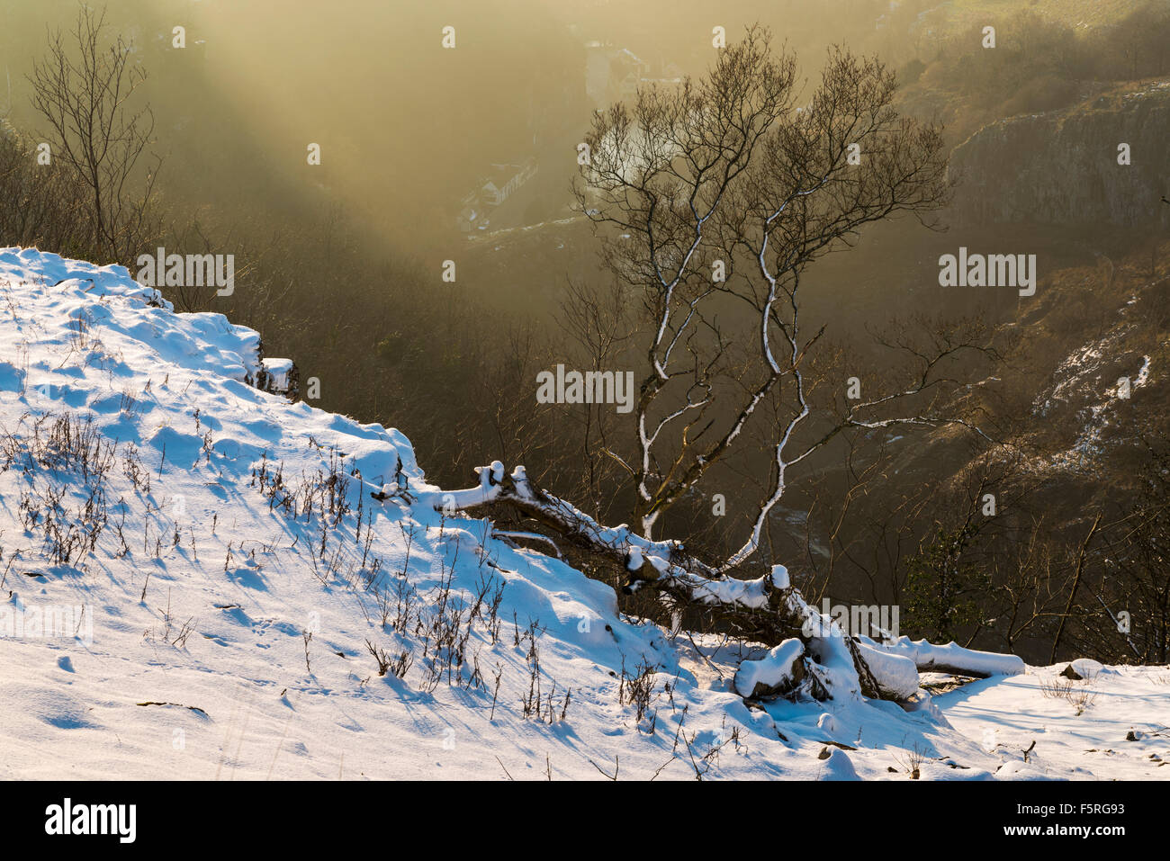 Ein Wintertag im Schnee bedeckt Cheddar Gorge in Somerset, England nach einer Periode der Schnee. Stockfoto