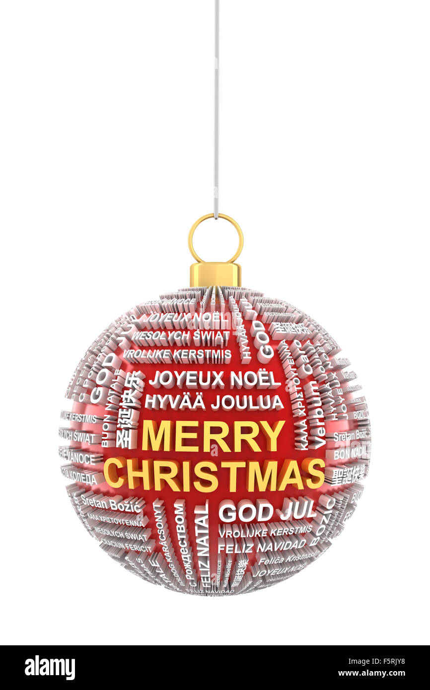 Weihnachtskugeln mit Grüßen in verschiedenen Sprachen Stockfoto
