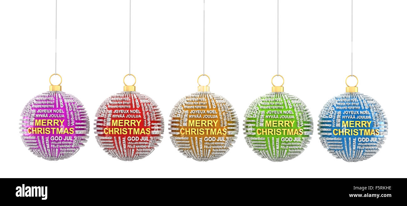 Reihe von Christbaumkugeln mit Grüßen in verschiedenen Sprachen Stockfoto