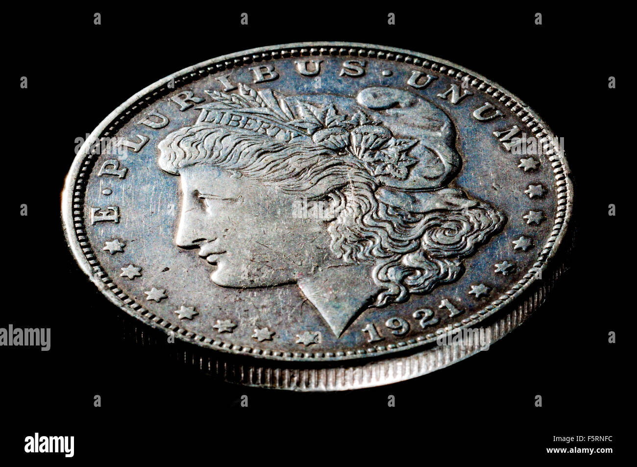 1921 American Morgan Silver Dollar-Münze in Studioumgebung Stockfoto