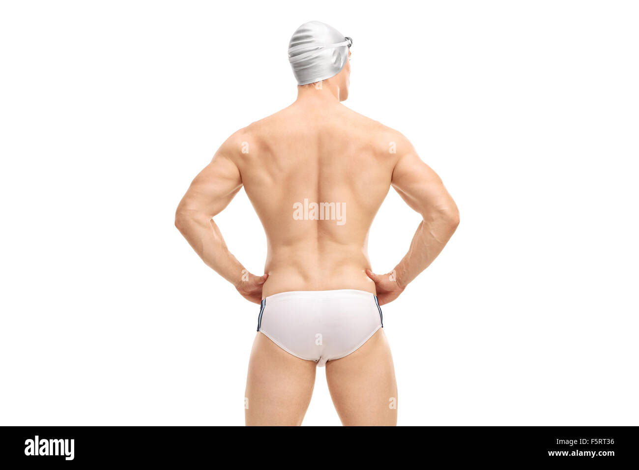 Rückansicht, Schuss einen muskulösen männlichen Schwimmer im weißen Badehose und eine graue schwimmen GAP isolierten auf weißen Hintergrund Stockfoto