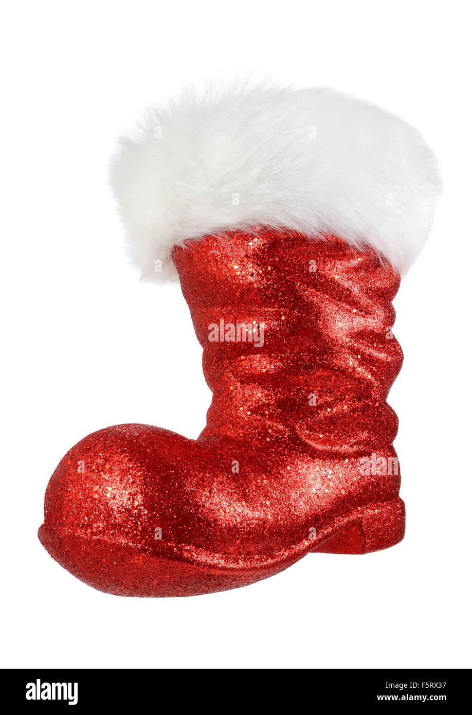 Isolierte Studioaufnahme des Weihnachtsmanns glitzernde rote Stiefel mit weißer Flaum Stockfoto