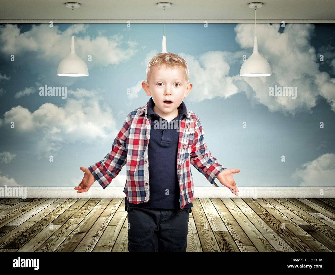 Kind-Porträt und abstrakt 3d indoor Stockfoto