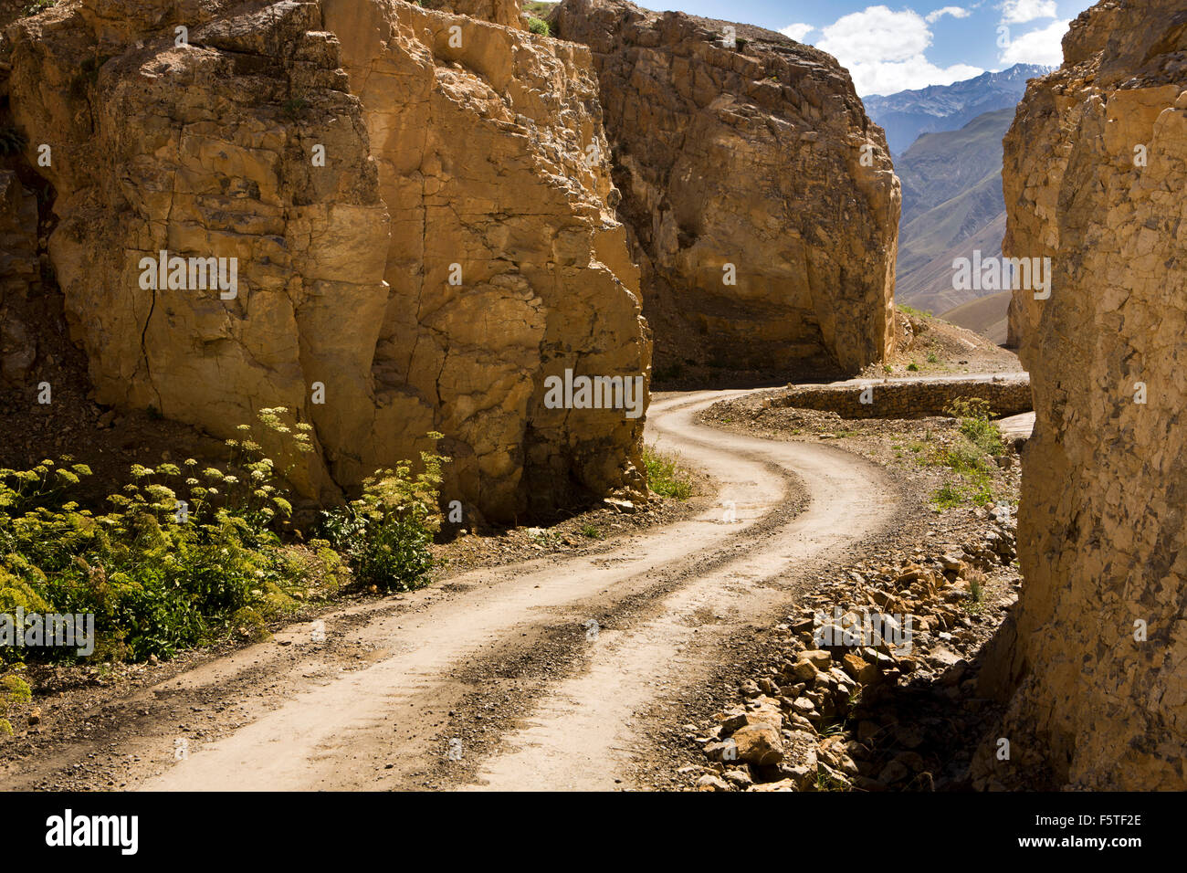 Kibber, Spiti, Himachal Pradesh, Indien schmale kurvenreiche Straße durch Bergschlucht Stockfoto