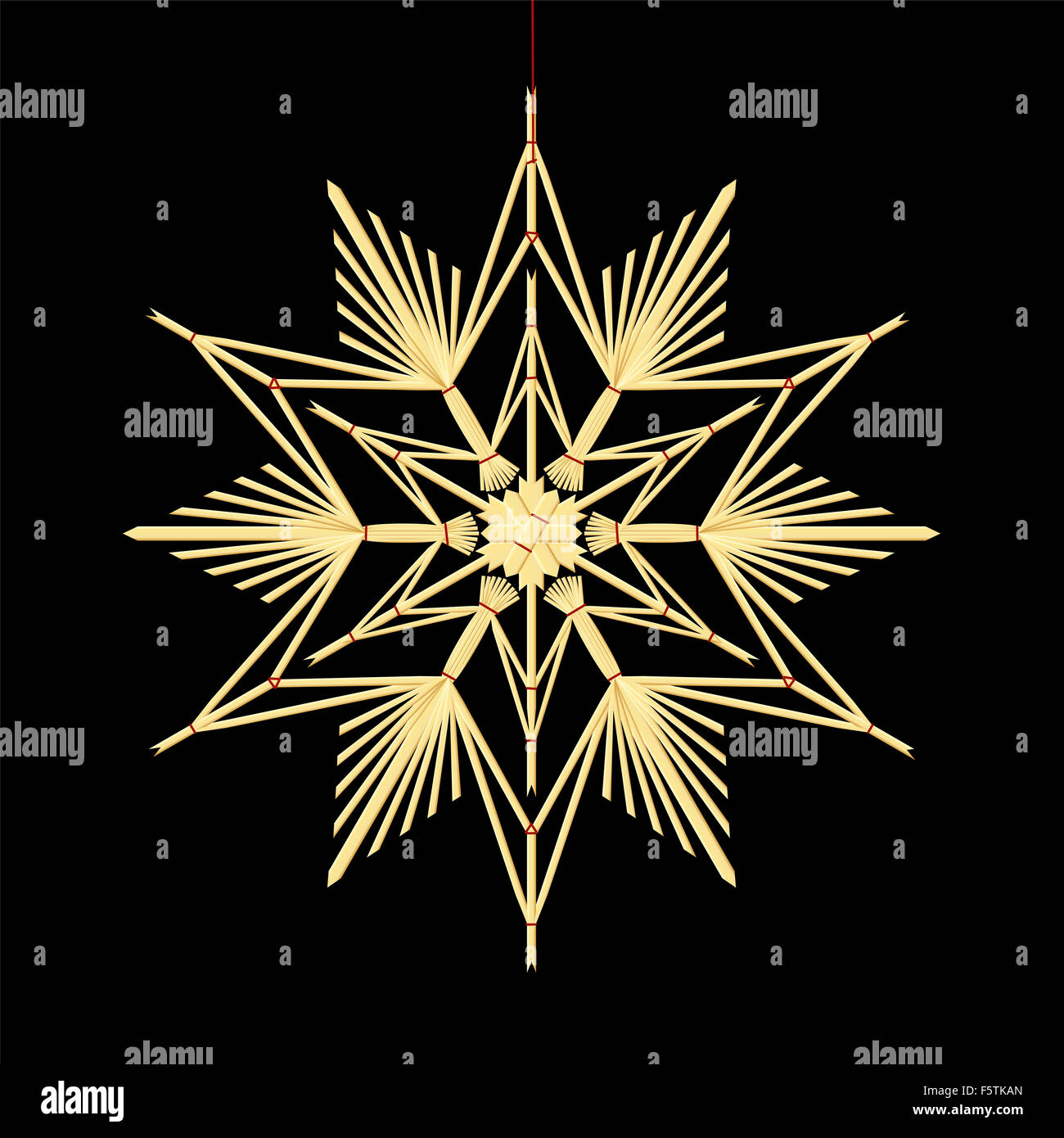Stroh Sterne - alt altmodisch hausgemachten Xmas-Ornament an einem roten Faden hängen. Stockfoto