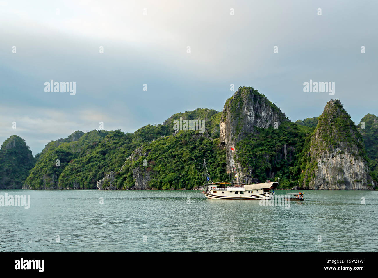Chinesische Dschunken am Anker und Kalkstein (Karst) Hügel, Ha Long Bucht, Bai Tu Long Sektor, in der Nähe von Ha Long, Vietnam Stockfoto