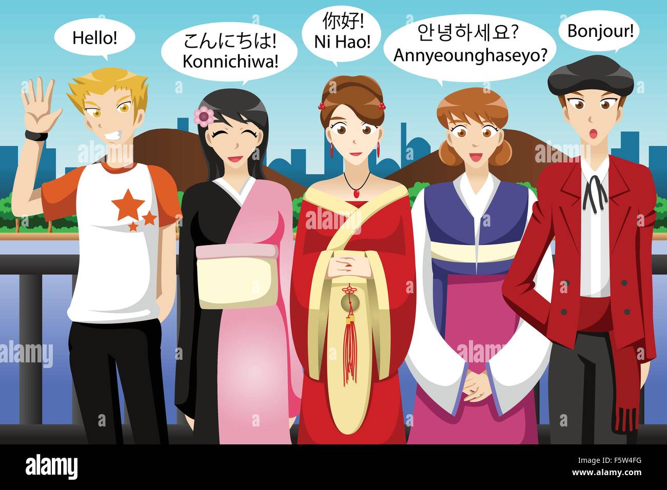 Eine Vektor-Illustration des multi-ethnischen Menschen aus verschiedenen Kulturen sagen Hallo Stock Vektor