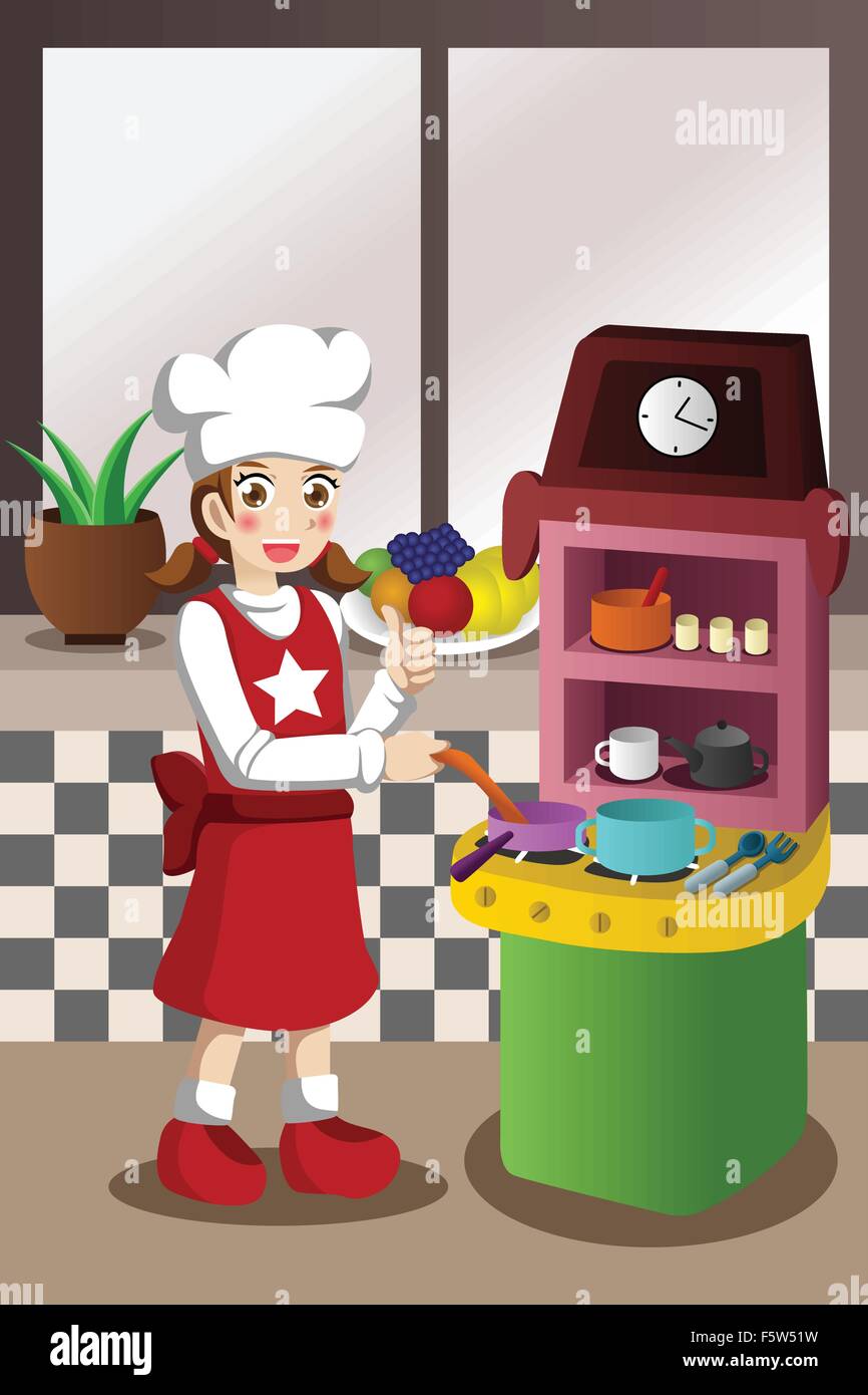 Eine Vektor-Illustration von Mädchen spielen mit Küche und Kochen Spielzeug Stock Vektor