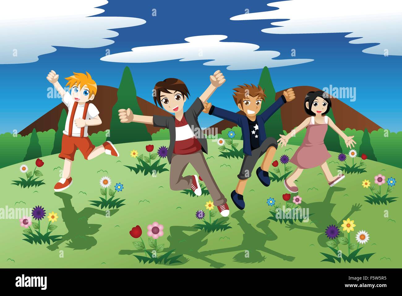 Eine Vektor-Illustration von Kindern, die auf das freie Feld von wilden Blumen für unbeschwerte Konzept Stock Vektor
