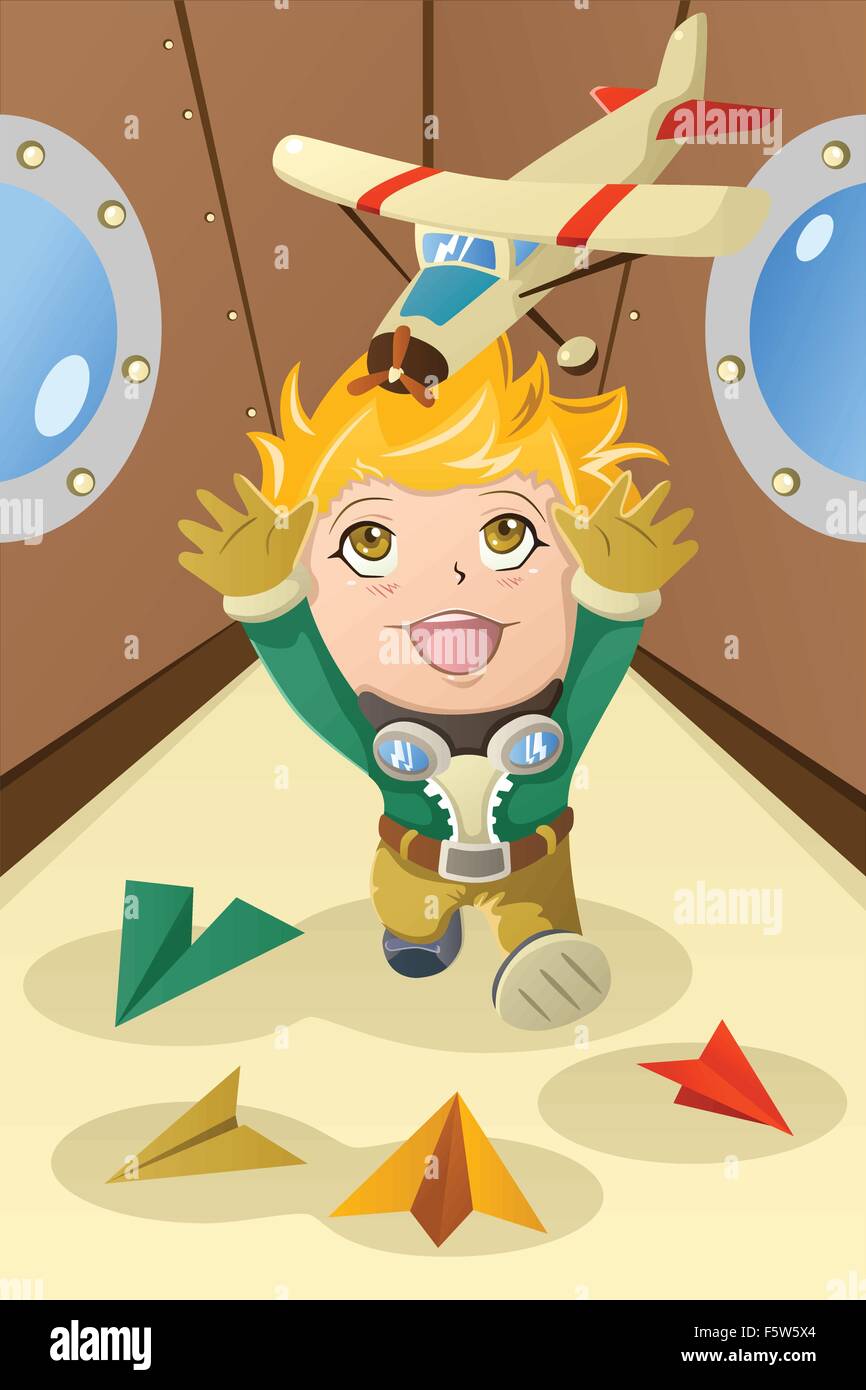 Eine Vektor-Illustration der kleine Junge spielt mit einem Flugzeug für Phantasie-Konzept Stock Vektor