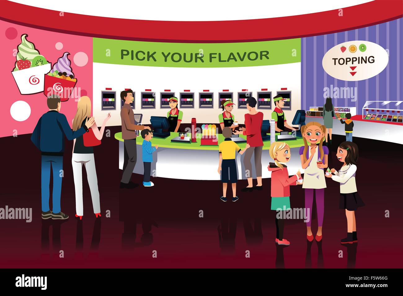 Eine Vektor-Illustration von Menschen in einem Joghurt-Eis-Speicher Stock Vektor