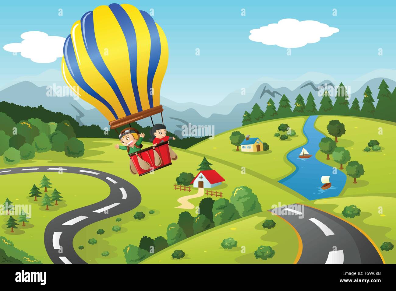Eine Vektor-Illustration von niedlichen Kinder reiten einen Heißluftballon Stock Vektor