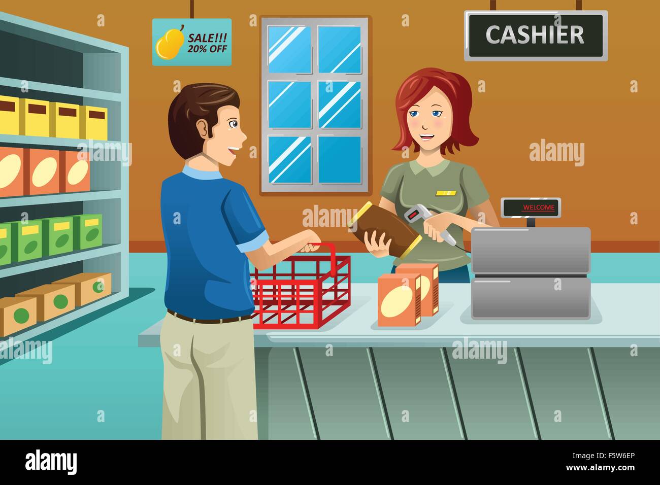 Eine Vektor-Illustration der Kasse im Supermarkt für einen Kunden