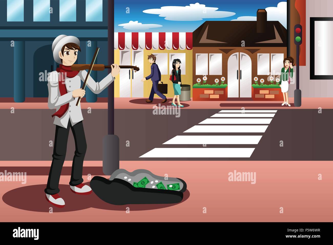 Eine Vektor-Illustration der Straßenmusiker spielt Geige auf der Straße Stock Vektor