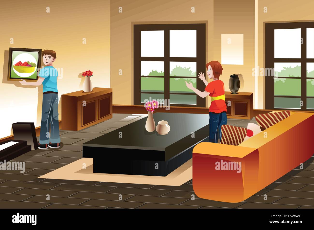 Eine Vektor-Illustration des jungen Paares hängt ein Gemälde an der Wand für Heimwerker Stock Vektor