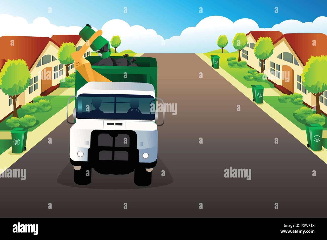 Eine Vektor-Illustration von Müllwagen Abholung Müll in einem Wohngebiet Stock Vektor