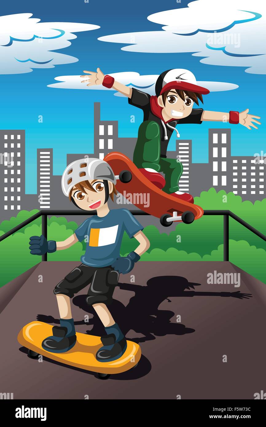 Eine Vektor-Illustration von glücklichen Kindern spielen Skateboard Skate-Park Stock Vektor