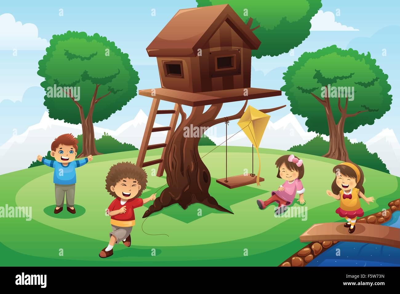 Eine Vektor-Illustration der glückliche Kinder Herumspielen Baumhaus Stock Vektor