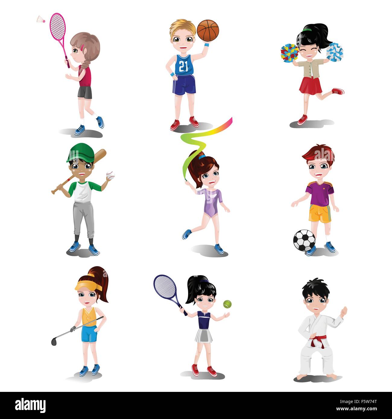 Eine Vektor-Illustration von Kindern trainieren und spielen verschiedene Sportarten Stock Vektor