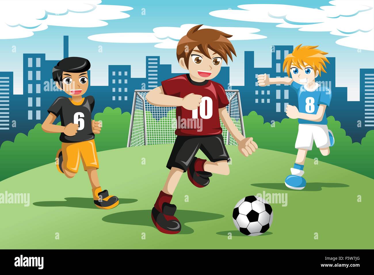 Eine Vektor-Illustration der glückliche Kinder Fußball spielen Stock Vektor