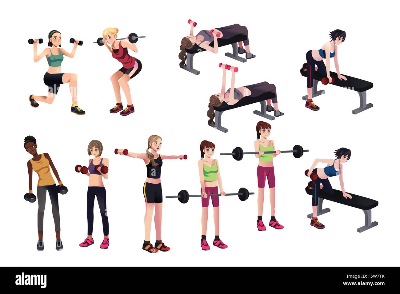 Eine Vektor-Illustration von schönen Frauen Übungen mit Gewichten Stock Vektor