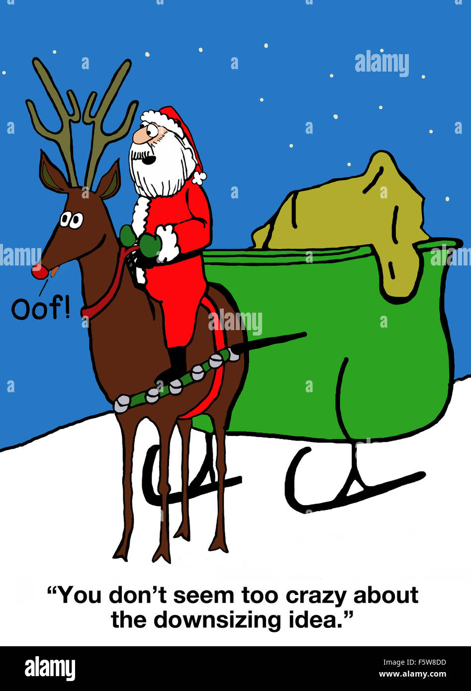 Weihnachten Cartoon nur ein Rentier, nicht neun und Santa sagt, "Sie nicht so verrückt nach dem Downsizing-Idee scheinen". Stockfoto
